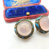 Chinese Export Sterling Silver Gilt, Enamel & Cabochon Rose Quartz Earrings