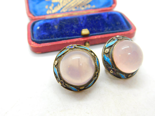 Chinese Export Sterling Silver Gilt, Enamel & Cabochon Rose Quartz Earrings