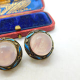 Chinese Export Sterling Silver Gilt, Enamel & Cabochon Rose Quartz Earrings