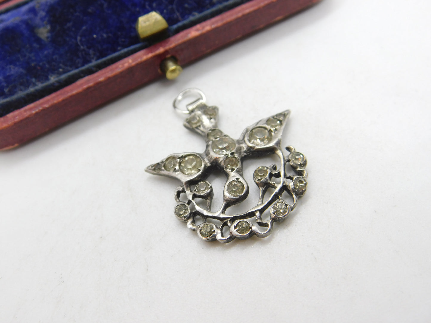 Victorian 900 Silver & Diamond Paste Swallow Sweetheart Pendant c1860