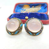 Chinese Export Sterling Silver Gilt, Enamel & Cabochon Rose Quartz Earrings