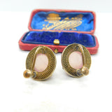 Chinese Export Sterling Silver Gilt, Enamel & Cabochon Rose Quartz Earrings