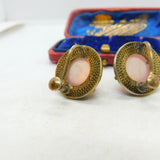 Chinese Export Sterling Silver Gilt, Enamel & Cabochon Rose Quartz Earrings