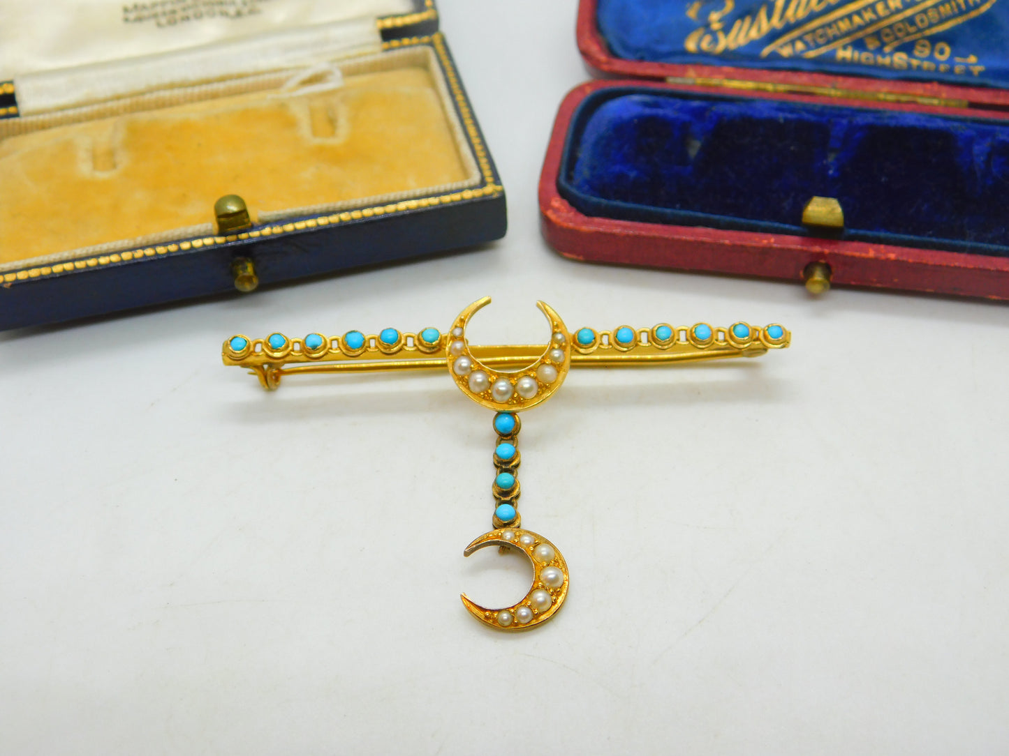 Victorian 9ct Gold Turquoise & Seed Pearl Drop Crescent Moon Sweetheart Brooch