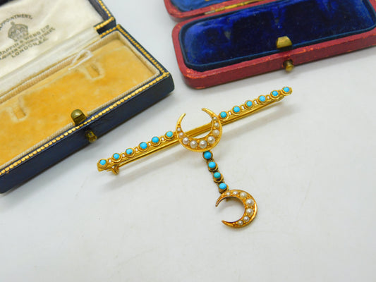 Victorian 9ct Gold Turquoise & Seed Pearl Drop Crescent Moon Sweetheart Brooch