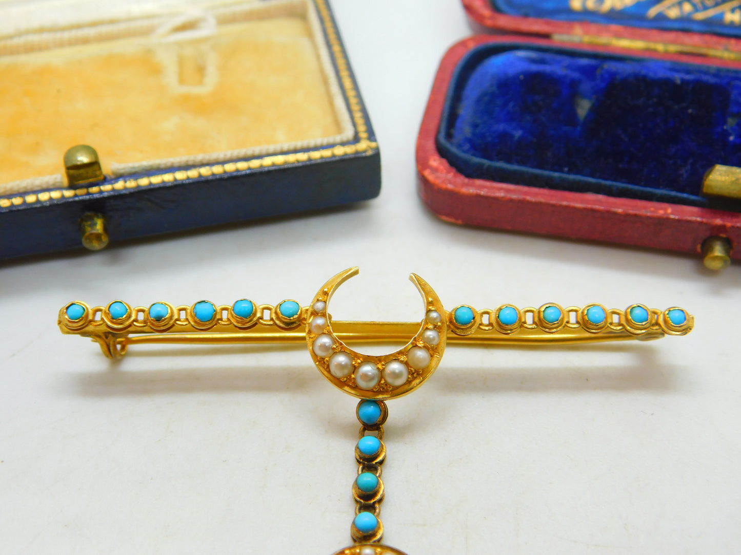 Victorian 9ct Gold Turquoise & Seed Pearl Drop Crescent Moon Sweetheart Brooch