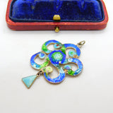 Art Nouveau Sterling Silver Guilloche Enamel Floral Pendant 1909 Birmingham