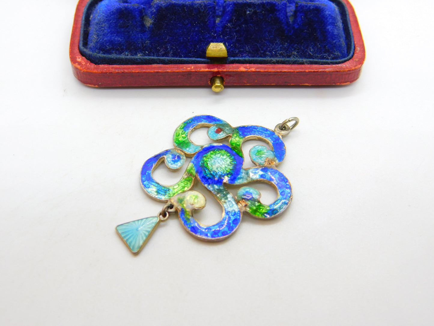 Art Nouveau Sterling Silver Guilloche Enamel Floral Pendant 1909 Birmingham