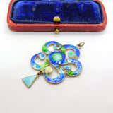 Art Nouveau Sterling Silver Guilloche Enamel Floral Pendant 1909 Birmingham