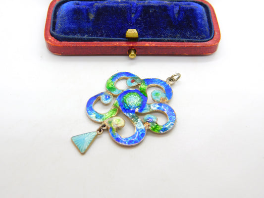 Art Nouveau Sterling Silver Guilloche Enamel Floral Pendant 1909 Birmingham