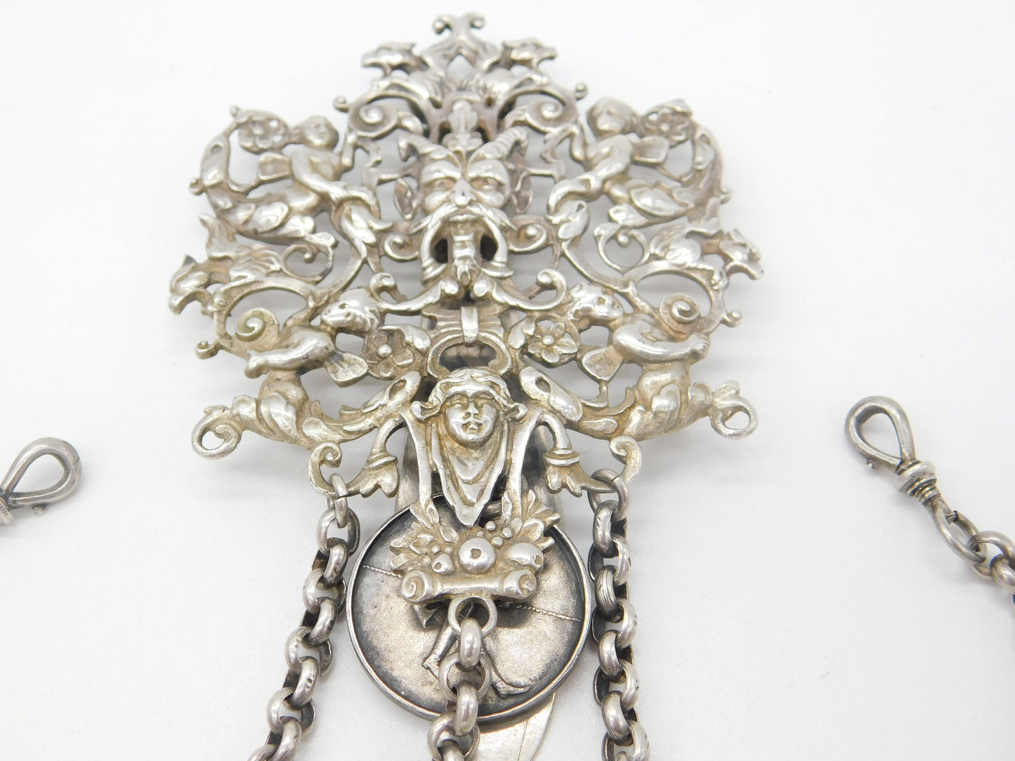 Large Hanau Sterling Silver Cherub & Mythic Sewing Chatelaine Antique c1880 German