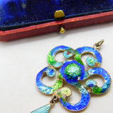 Art Nouveau Sterling Silver Guilloche Enamel Floral Pendant 1909 Birmingham