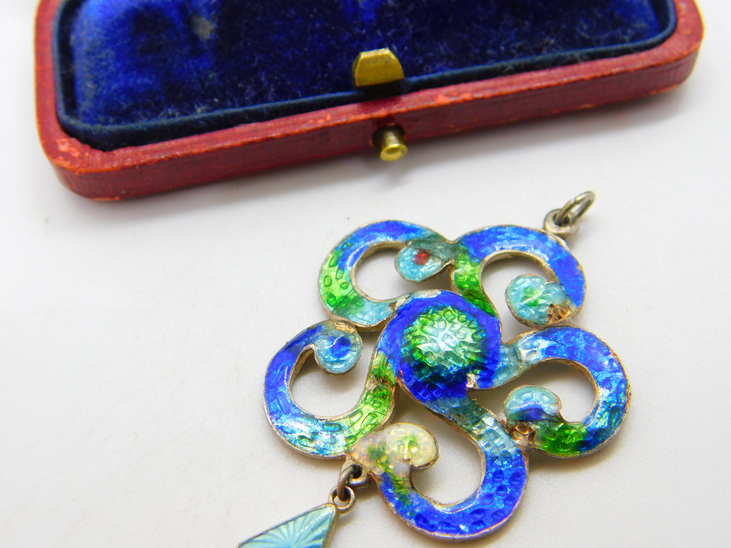 Art Nouveau Sterling Silver Guilloche Enamel Floral Pendant 1909 Birmingham