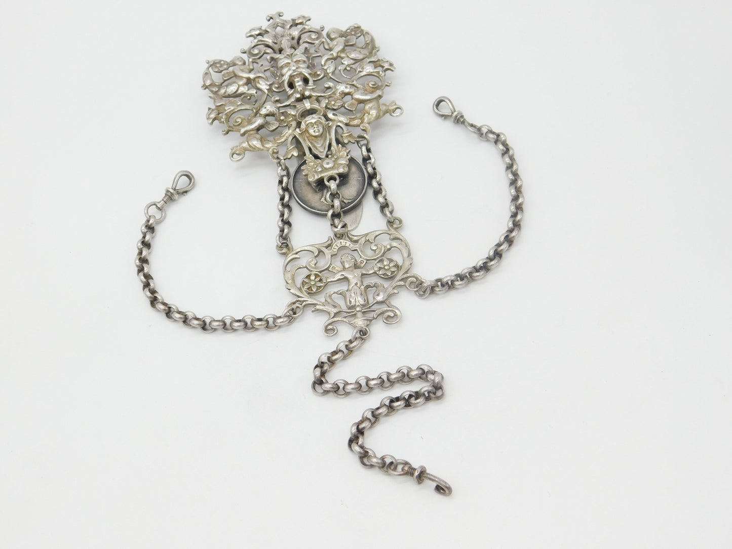 Large Hanau Sterling Silver Cherub & Mythic Sewing Chatelaine Antique c1880 German