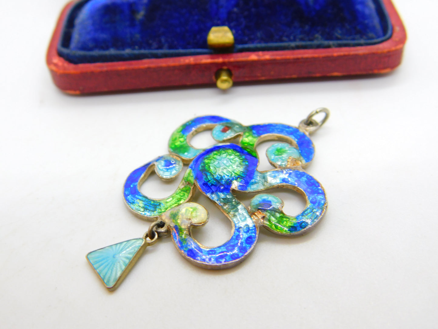 Art Nouveau Sterling Silver Guilloche Enamel Floral Pendant 1909 Birmingham