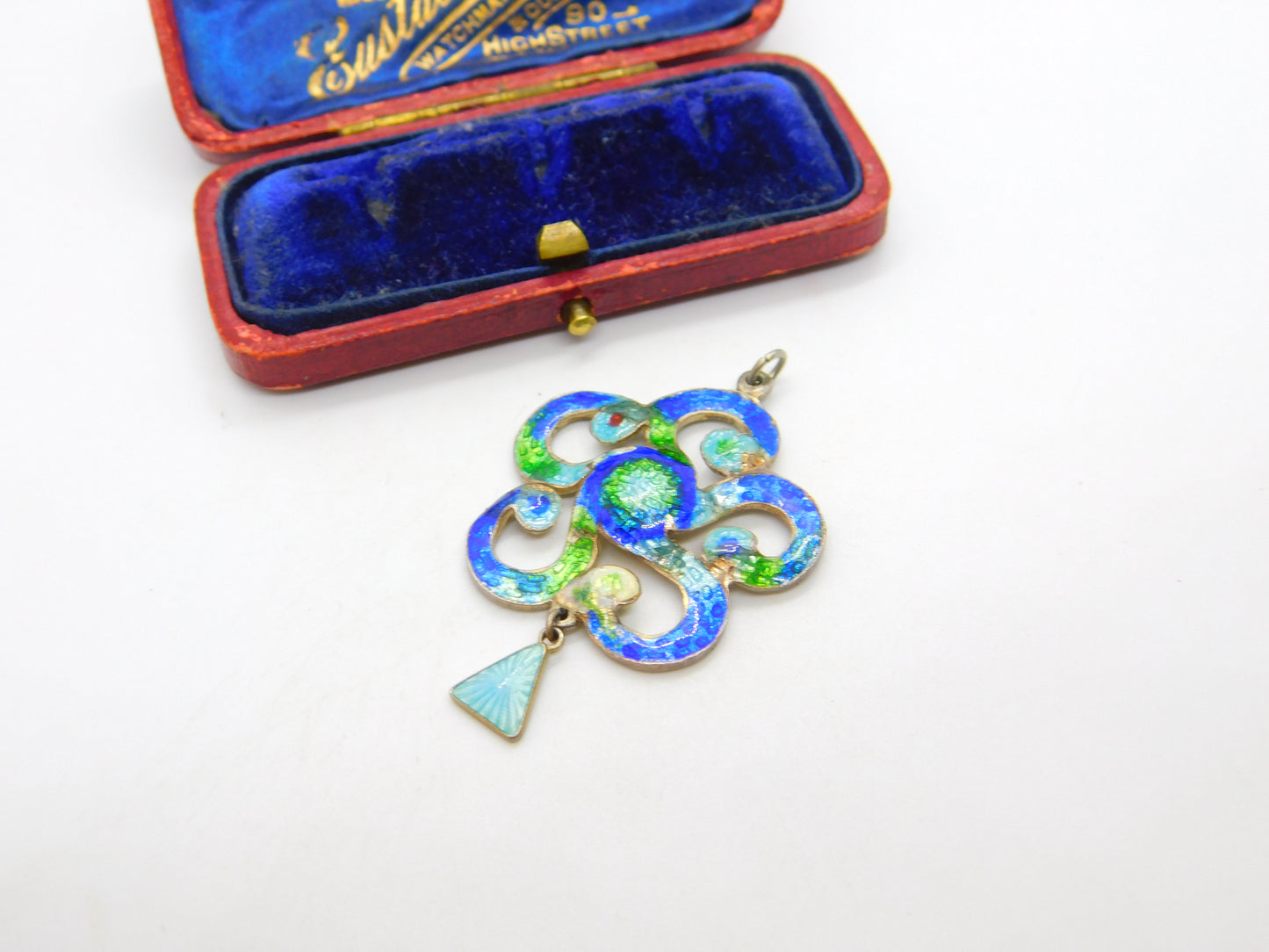 Art Nouveau Sterling Silver Guilloche Enamel Floral Pendant 1909 Birmingham