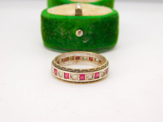 9ct Yellow & White Gold, Ruby & Spinel Set Eternity Ring Antique c1930 Art Deco