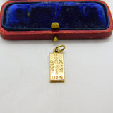 9ct Yellow Gold Bullion Bar Ingot Charm or Pendant 1981 London Vintage