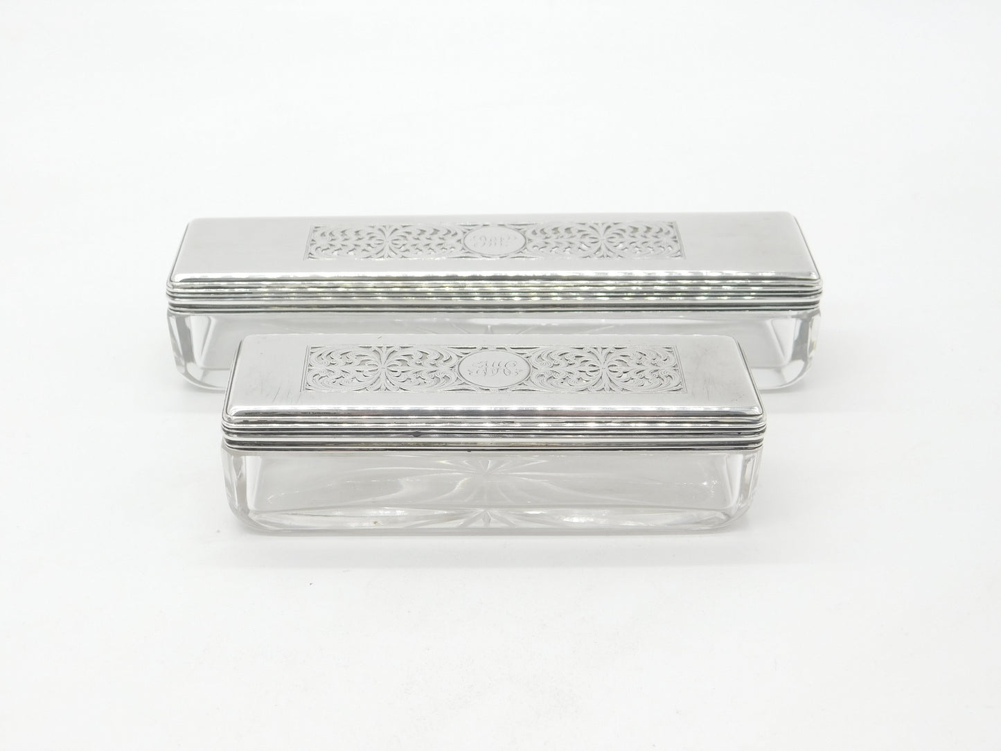 Set of Victorian Sterling Silver & Glass Floral Trinket Boxes 1839 London Antique