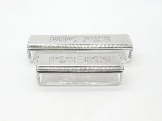 Set of Victorian Sterling Silver & Glass Floral Trinket Boxes 1839 London Antique