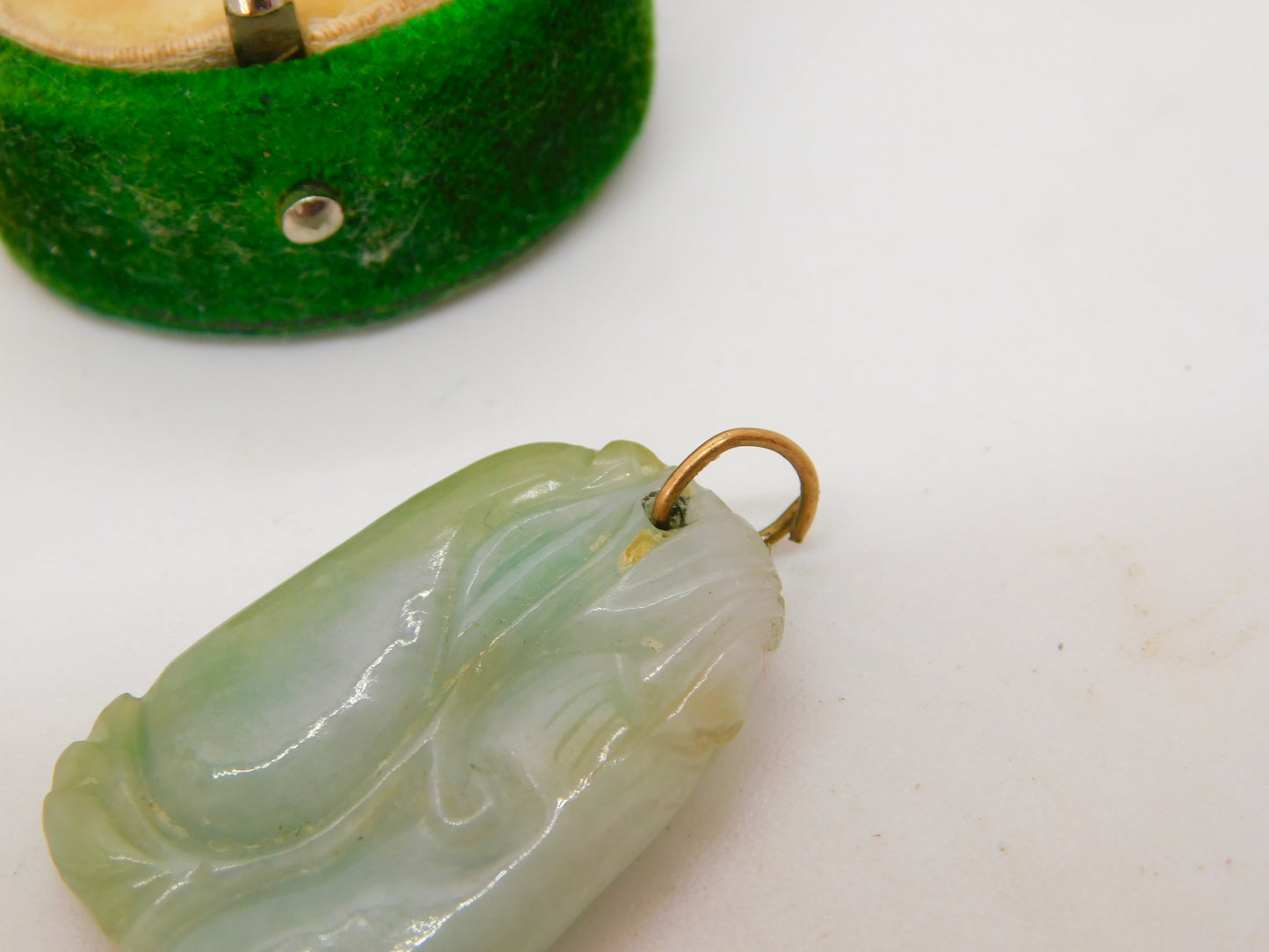 Victorian 9ct Gold & Carved Apple Green Jade Mythical Drop Pendant Antique c1860