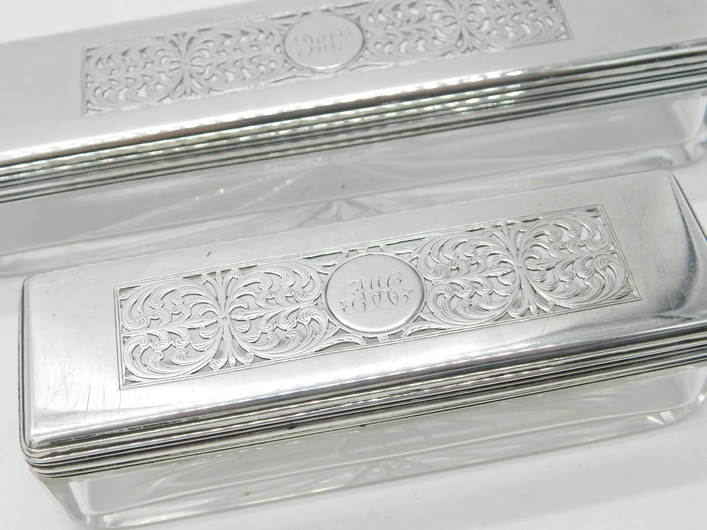 Set of Victorian Sterling Silver & Glass Floral Trinket Boxes 1839 London Antique