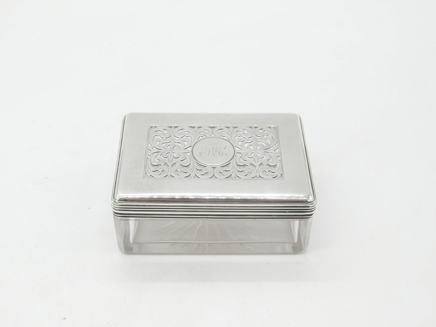 Victorian Sterling Silver Moulded Glass Pierced Trinket Box 1838 London Antique