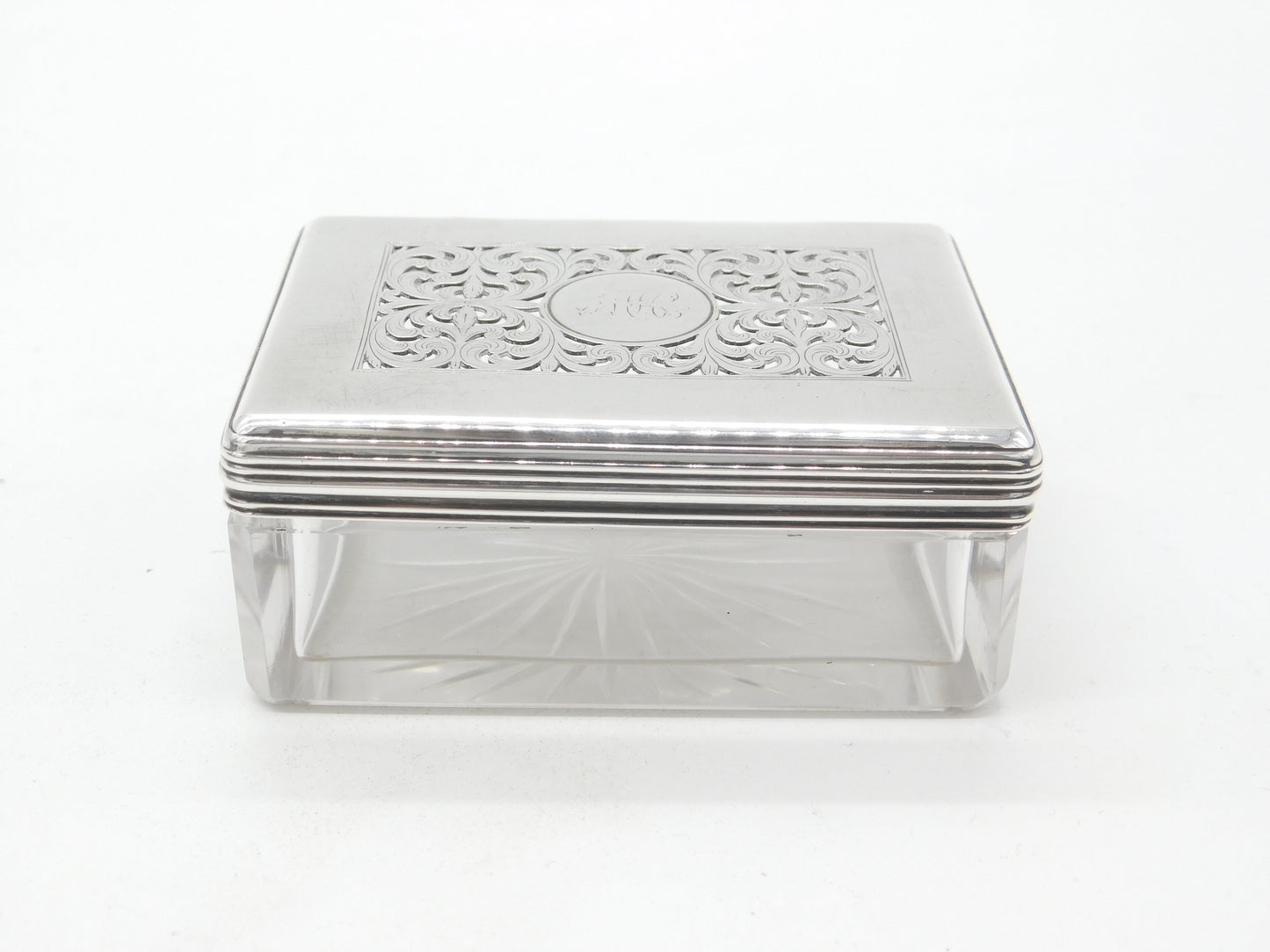 Victorian Sterling Silver Moulded Glass Pierced Trinket Box 1838 London Antique