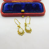 9ct Yellow Gold & Cabochon Opal Set Floral Hook Earrings 1979 London Vintage