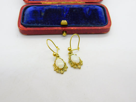 9ct Yellow Gold & Cabochon Opal Set Floral Hook Earrings 1979 London Vintage