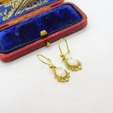9ct Yellow Gold & Cabochon Opal Set Floral Hook Earrings 1979 London Vintage