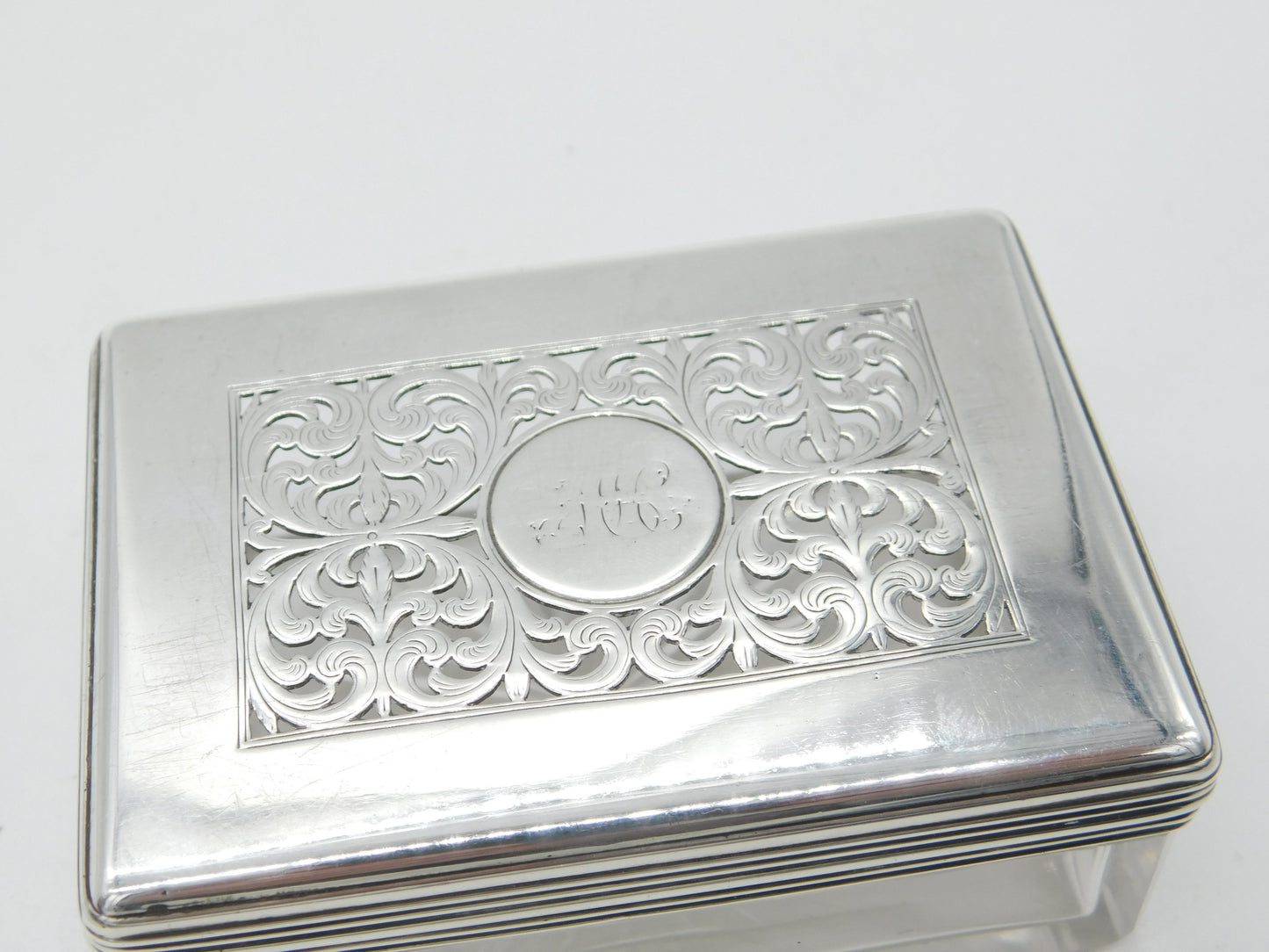 Victorian Sterling Silver Moulded Glass Pierced Trinket Box 1838 London Antique