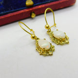 9ct Yellow Gold & Cabochon Opal Set Floral Hook Earrings 1979 London Vintage