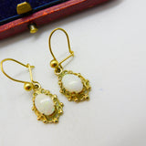 9ct Yellow Gold & Cabochon Opal Set Floral Hook Earrings 1979 London Vintage