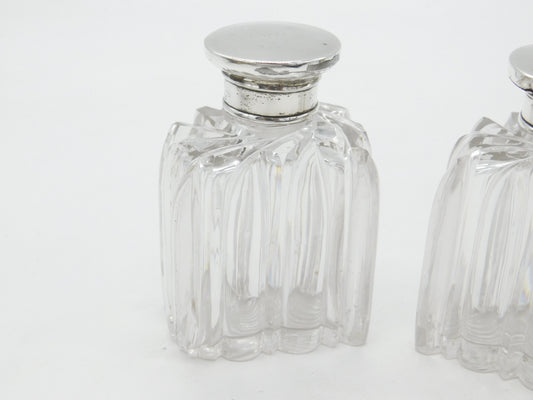 Victorian Pair of Sterling Silver Topped Swirling Glass Scent Bottles c1850