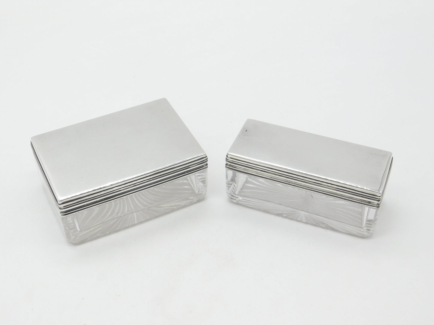 Pair of Victorian Sterling SIlver & Cut Glass Trinket Boxes 1875 London Antique