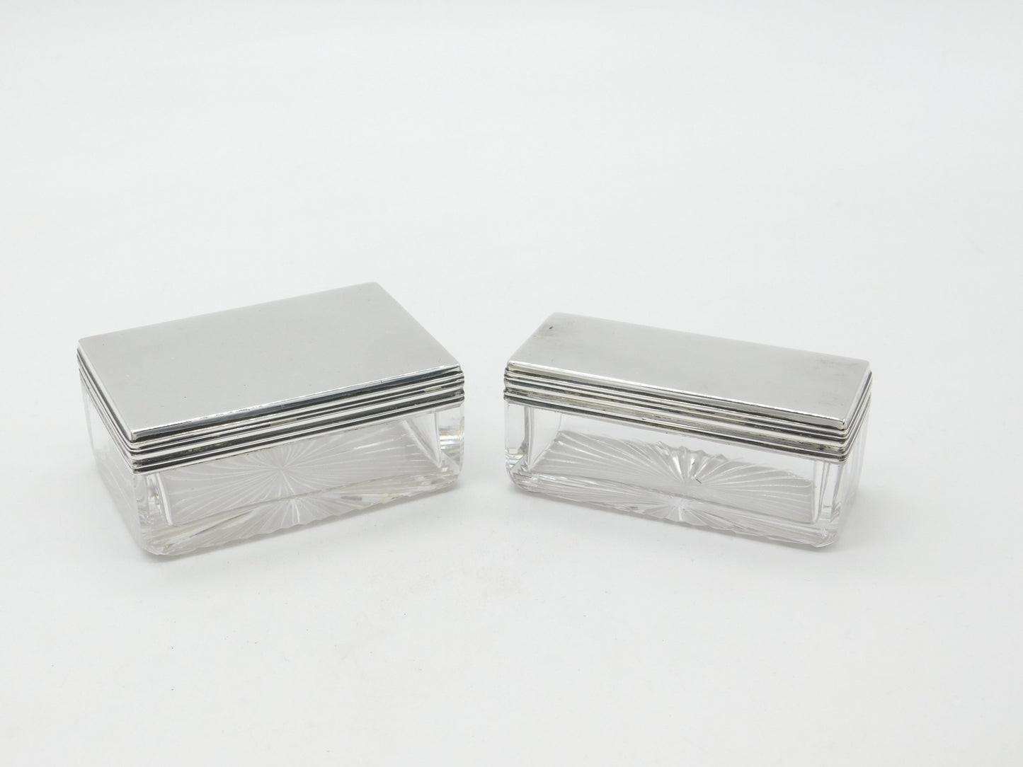 Pair of Victorian Sterling SIlver & Cut Glass Trinket Boxes 1875 London Antique