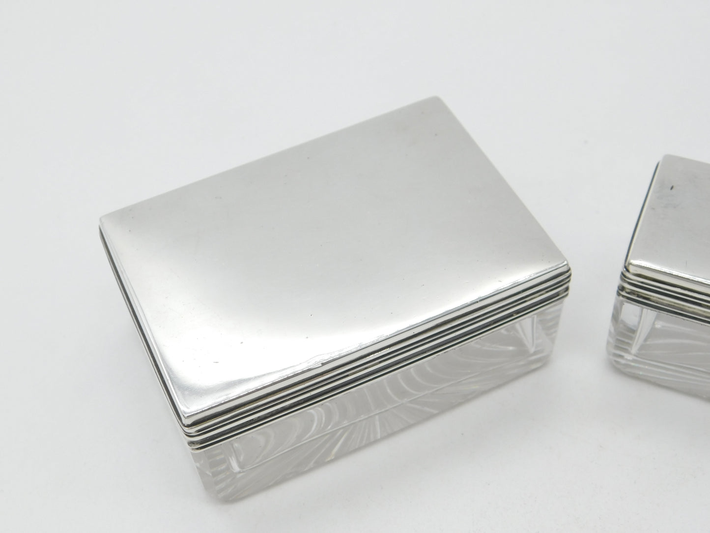 Pair of Victorian Sterling SIlver & Cut Glass Trinket Boxes 1875 London Antique