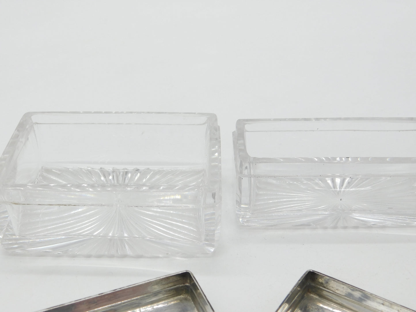 Pair of Victorian Sterling SIlver & Cut Glass Trinket Boxes 1875 London Antique