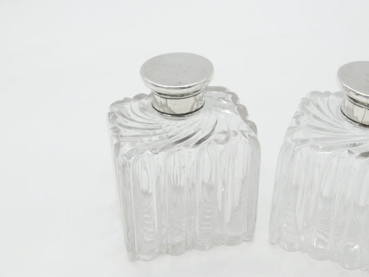 Pair of Victorian Sterling Silver Topped Swirling Glass Perfume Bottles c1850