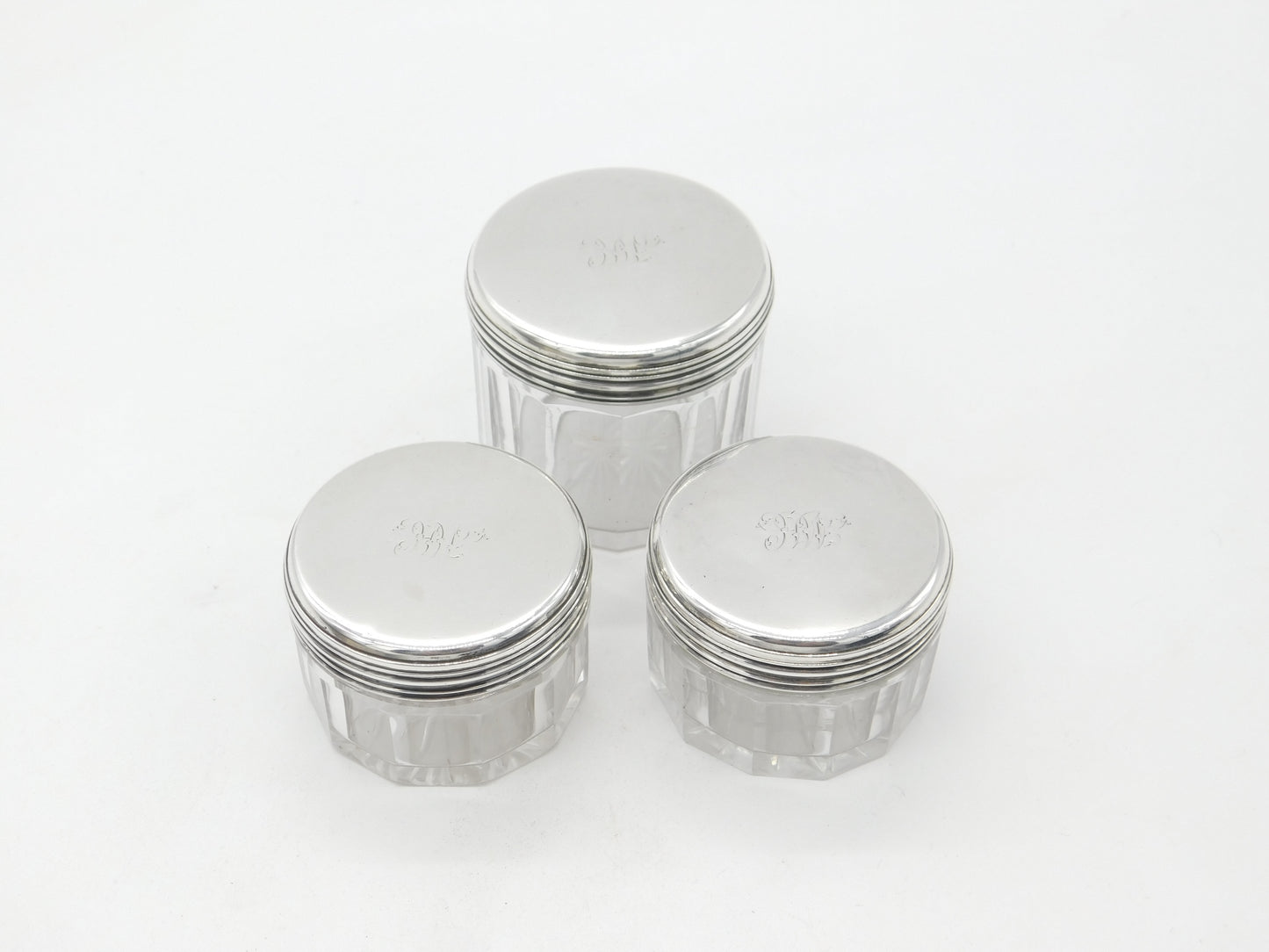 Georgian Set of 3 Sterling Silver Vanity Jars Antique 1836 London F. Douglas