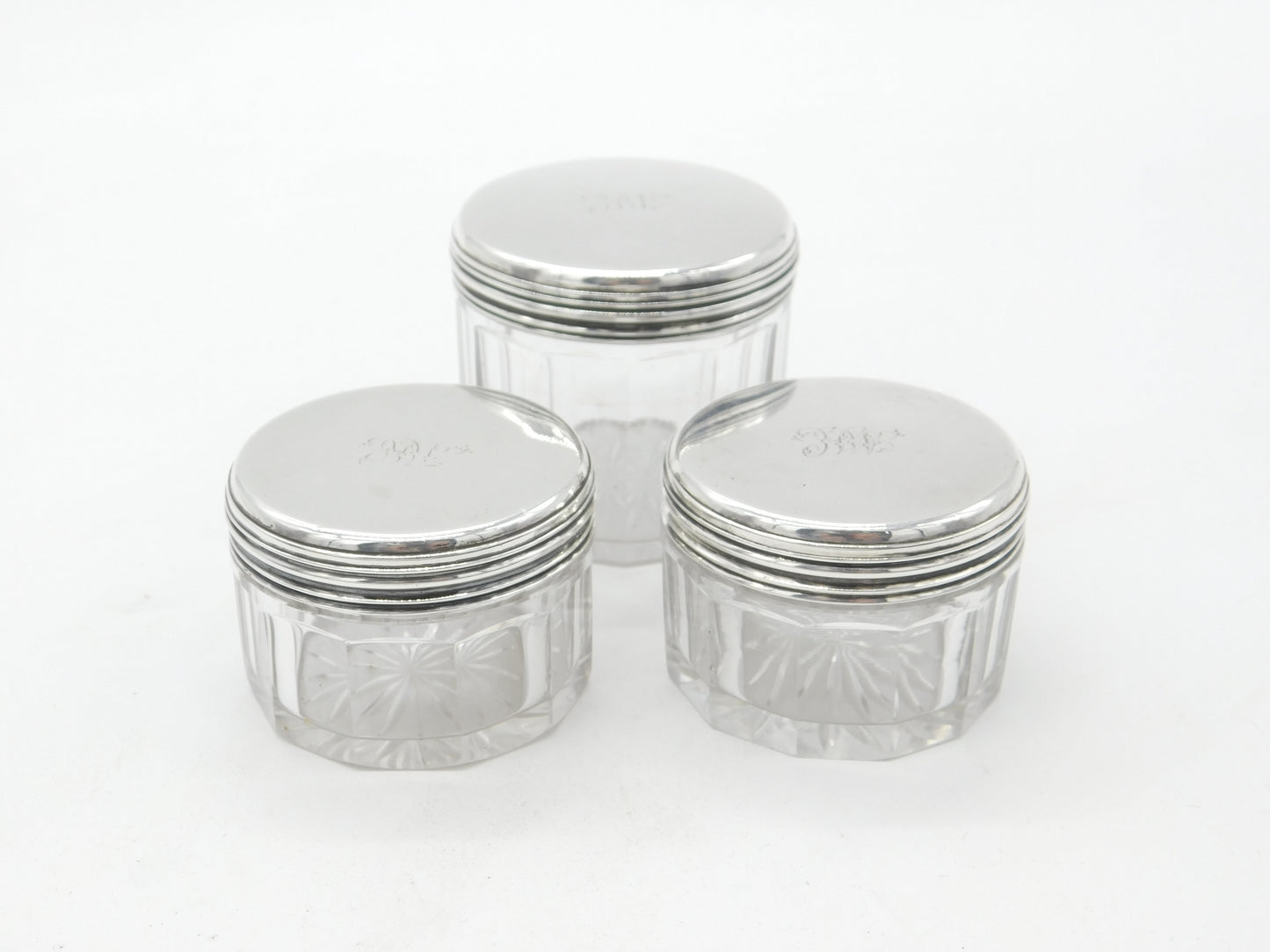 Georgian Set of 3 Sterling Silver Vanity Jars Antique 1836 London F. Douglas