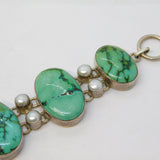 Sterling Silver, Turquoise, Pearl Taxco Style Panel Bracelet Vintage c1970