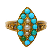 Victorian 18ct Yellow Gold, Turquoise, Seed Pearl Dress Ring Antique c1840