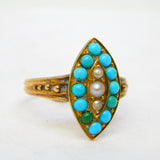 Victorian 18ct Yellow Gold, Turquoise, Seed Pearl Dress Ring Antique c1840