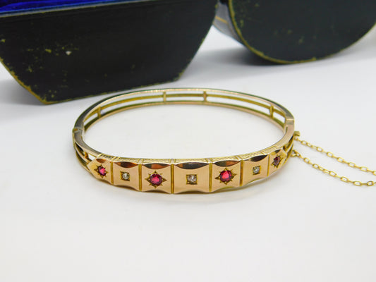 Victorian 15ct Yellow Gold, Diamond & Garnet Bangle Bracelet c1880 Boxed Antique