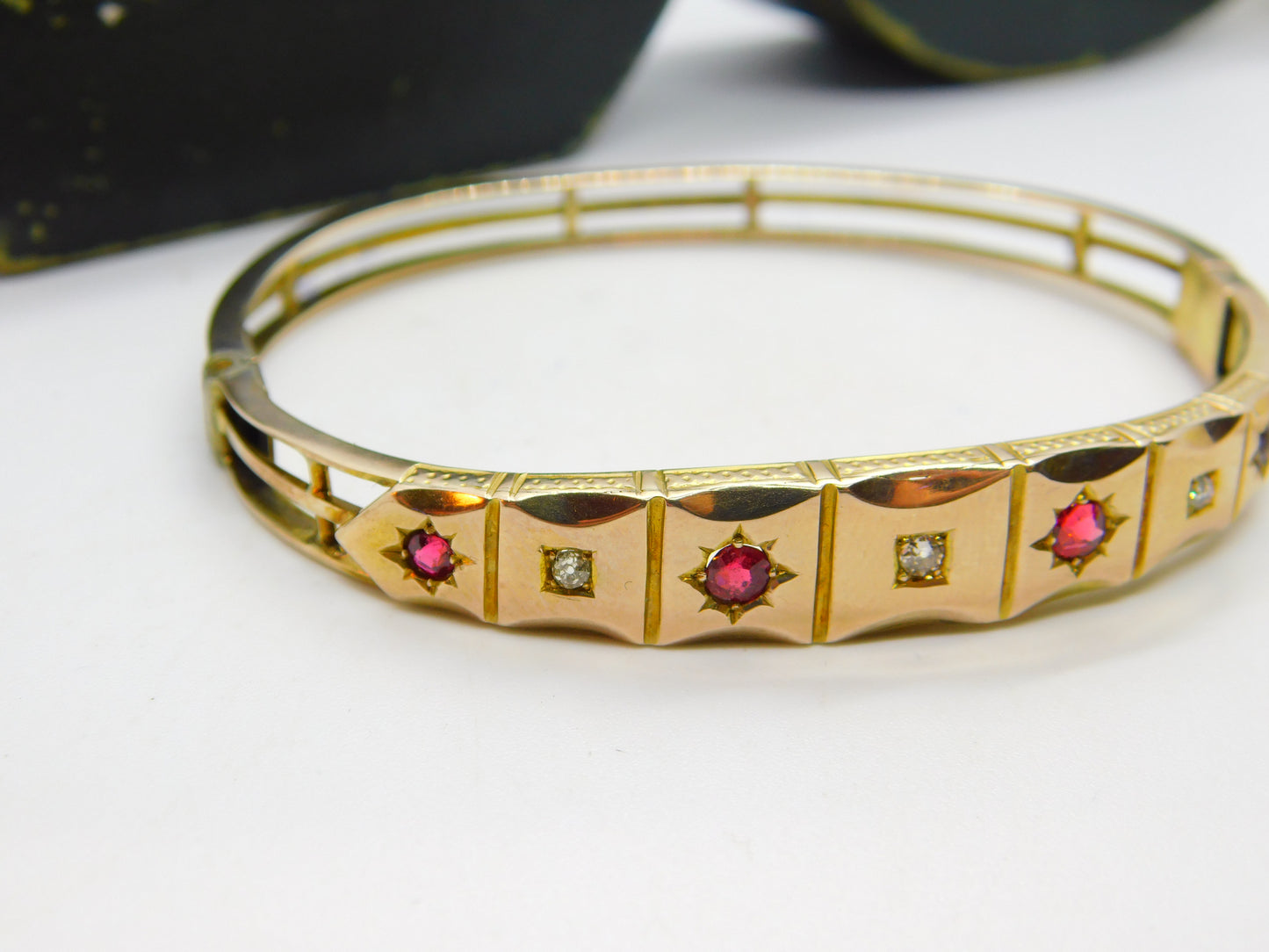 Victorian 15ct Yellow Gold, Diamond & Garnet Bangle Bracelet c1880 Boxed Antique