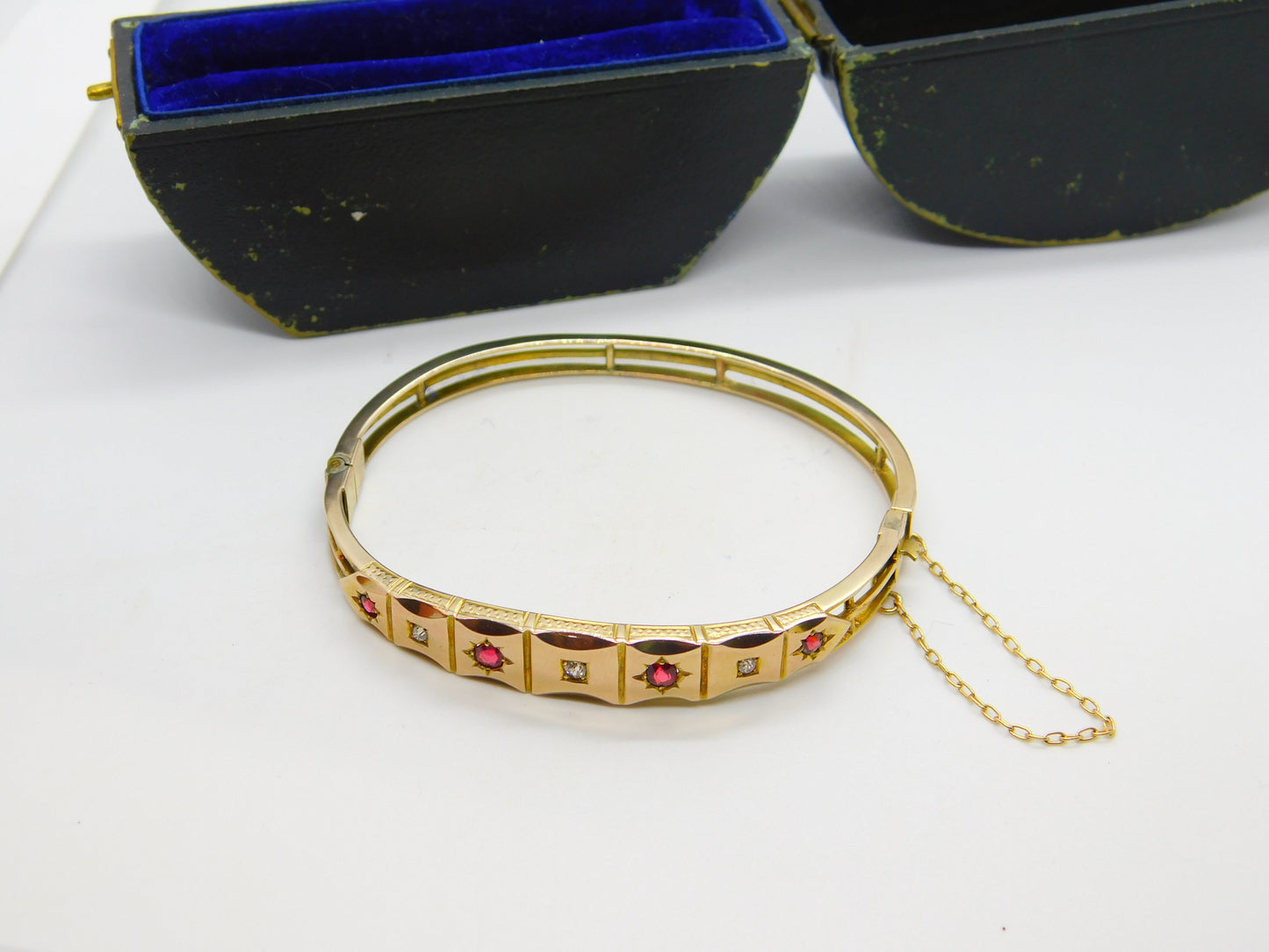 Victorian 15ct Yellow Gold, Diamond & Garnet Bangle Bracelet c1880 Boxed Antique