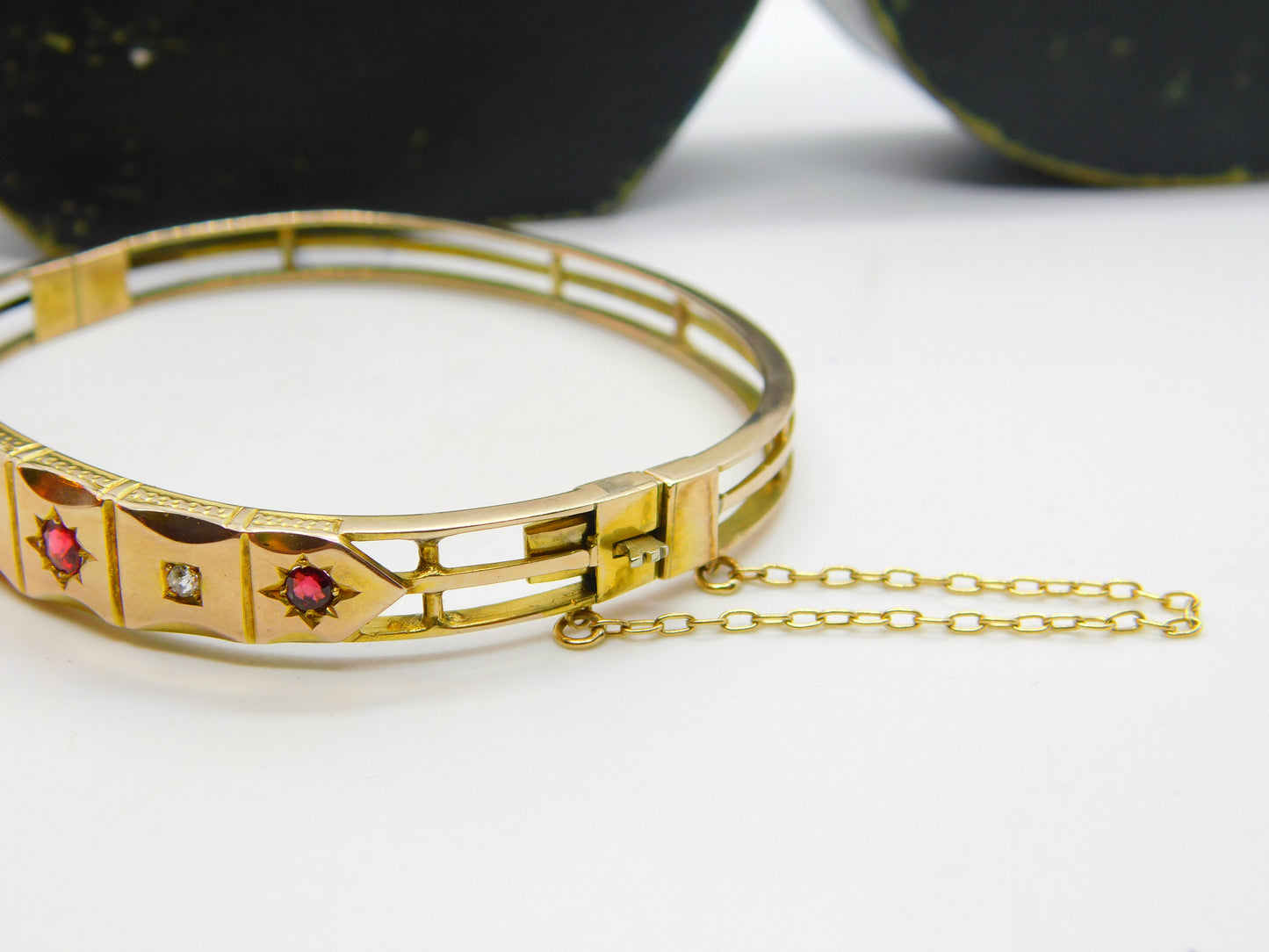 Victorian 15ct Yellow Gold, Diamond & Garnet Bangle Bracelet c1880 Boxed Antique