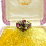 Early Victorian 9ct Gold, Garnet & Seed Pearl Dress Ring c1840 Antique